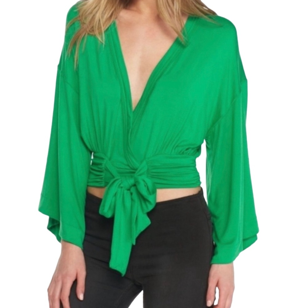 NWOT Free People That's a Wrap Bell Sleeve Crop Top Size Small Color Green